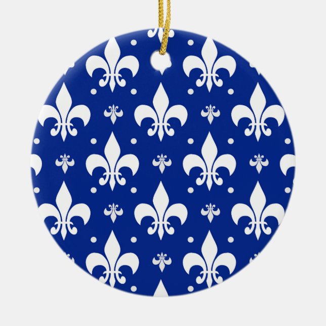 Blue Background Fleur-de-lis Pattern Design  Ceramic Ornament (Front)