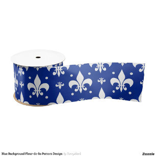 Blue Background Fleur-de-lis Pattern Design Satin Ribbon