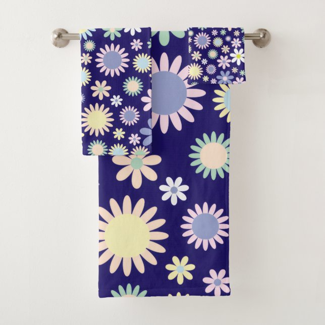 Blue Background Floral Pattern Bath Towel Set (Insitu)