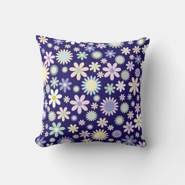 Blue Background Floral Pattern Cushion (Front)