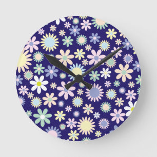 Blue Background Floral Pattern Round Clock