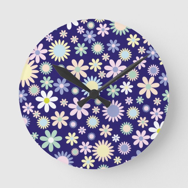 Blue Background Floral Pattern Round Clock (Front)