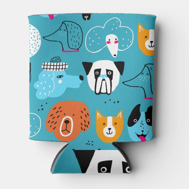 Blue Background, Playful Dog Pattern. Can Cooler (Front)