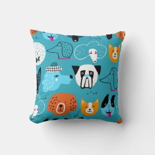 Blue Background, Playful Dog Pattern. Cushion