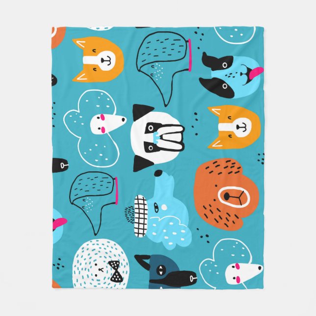 Blue Background, Playful Dog Pattern. Fleece Blanket (Front)