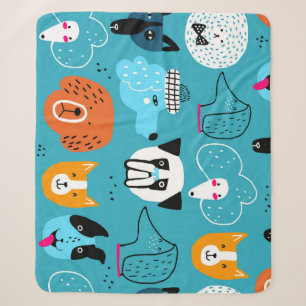 Blue Background, Playful Dog Pattern. Sherpa Blanket