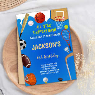 Blue Background Sports Birthday Invitations