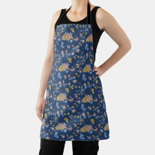 Blue Background Thread Effect Floral Pattern Apron