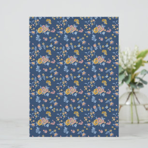 Blue Background Thread Effect Floral Pattern Card
