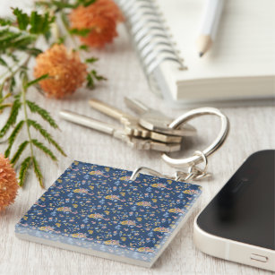 Blue Background Thread Effect Floral Pattern Key Ring