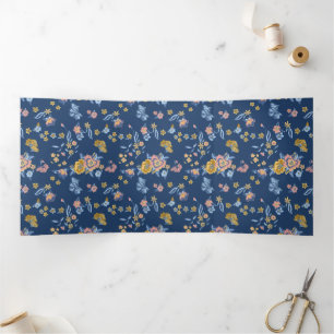Blue Background Thread Effect Floral Pattern Tri-Fold Card