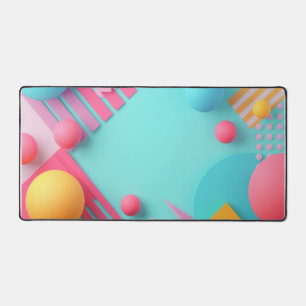 Blue background with assorted shapes and spheres desk mat