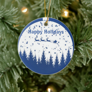 Blue Background with Christmas Ball and pine tree Ceramic Ornament