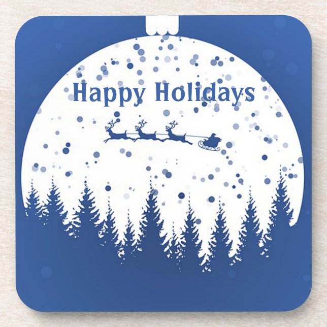 Blue Background with Christmas Ball and pine tree  Coaster (Front)