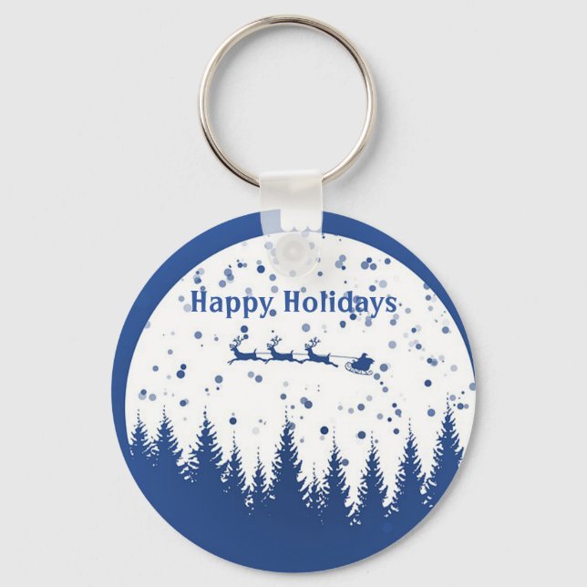 Blue Background with Christmas Ball and pine tree Key Ring (Front)