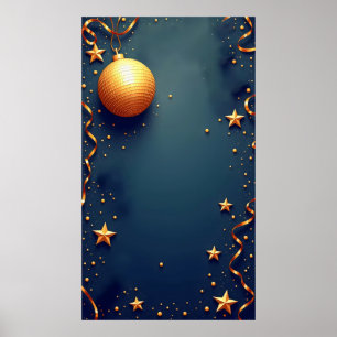 blue background with gold stars and a christmas poster