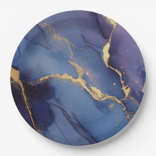 Blue background with gold streaks and dots paper plate