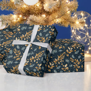 Blue Background With Gold & Teal Grey Holly Leaves Wrapping Paper