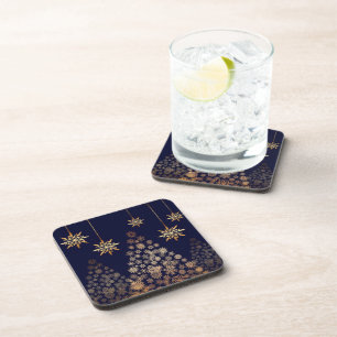 Blue Background with Golden Christmas Tree Coaster