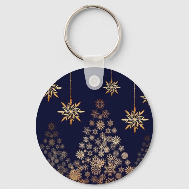 Blue Background with Golden Christmas Tree  Key Ring (Front)