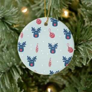 Blue Background With Rudolph and Christmas Balls Ceramic Ornament