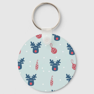 Blue Background With Rudolph and Christmas Balls Key Ring