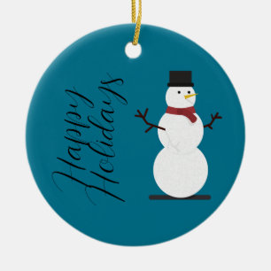 Blue Background With Snowman Gift Box Ceramic Ornament