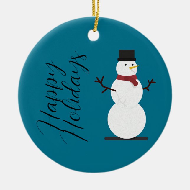 Blue Background With Snowman   Gift Box Ceramic Ornament (Front)