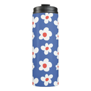 Blue Background with White and Red Daisy Flower Thermal Tumbler