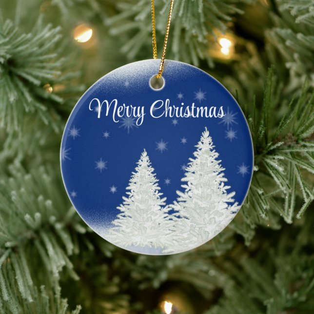 Blue Background With Withe Christmas Tree  Ceramic Ornament (Tree)