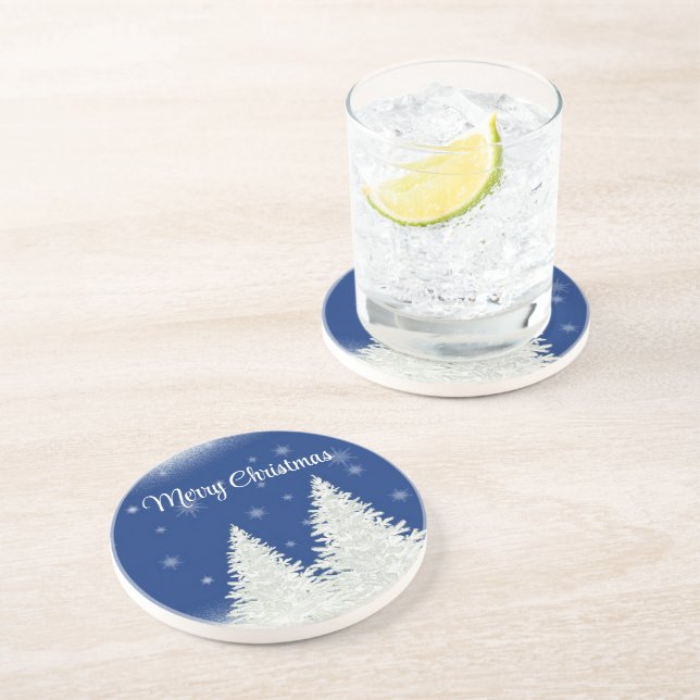 Blue Background With Withe Christmas Tree  Coaster (Side)