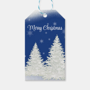 Blue Background With Withe Christmas Tree Gift Tags
