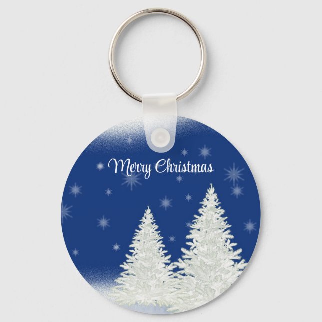 Blue Background With Withe Christmas Tree  Key Ring (Front)