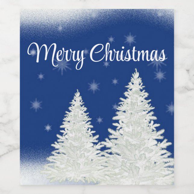Blue Background With Withe Christmas Tree Wine Label (Single Label)