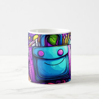 blue backpack surrounded by colourful school suppl coffee mug