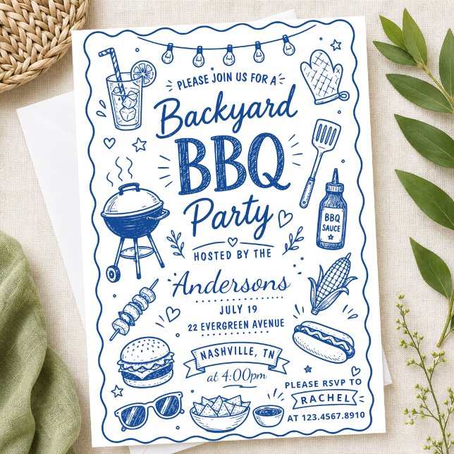 Blue Backyard BBQ Party Summer Hand Drawn Doodle Invitation (Creator Uploaded)