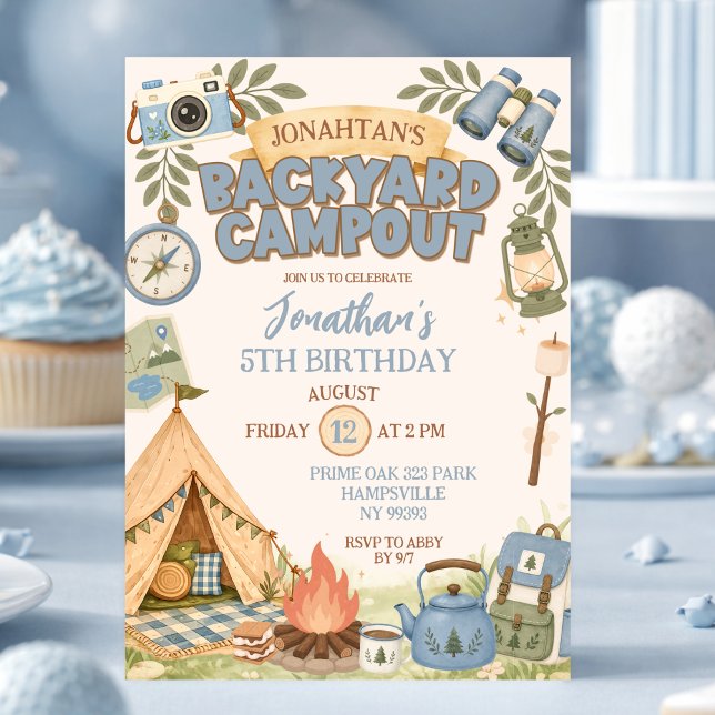 Blue Backyard Campout Boy Birthday Invitation (Creator Uploaded)