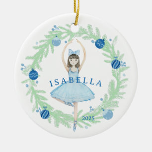 Blue Ballerina and Christmas Wreath Ceramic Ornament
