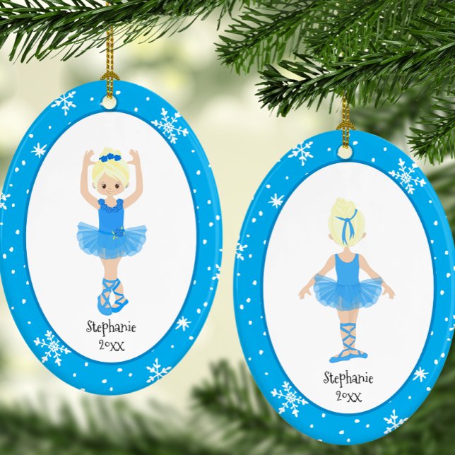 Blue Ballerina Snowflakes Personalised Christmas Ceramic Ornament (Personalized Blue Ballerina Snowflakes Christmas Ceramic Ornament)