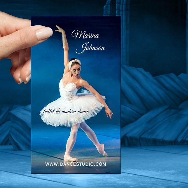 Blue Ballet Modern Dance Teacher Business Card (Business card featuring a painting of a ballet dancer against a royal blue background)