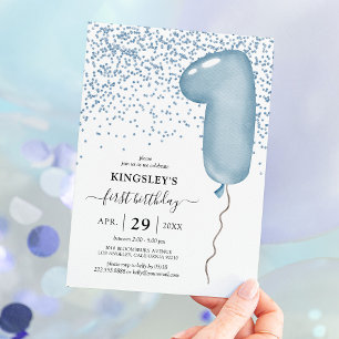 Blue Balloon 1st Birthday Party Invitation