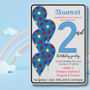 Blue Balloon 2nd Birthday Party Kids Invitation