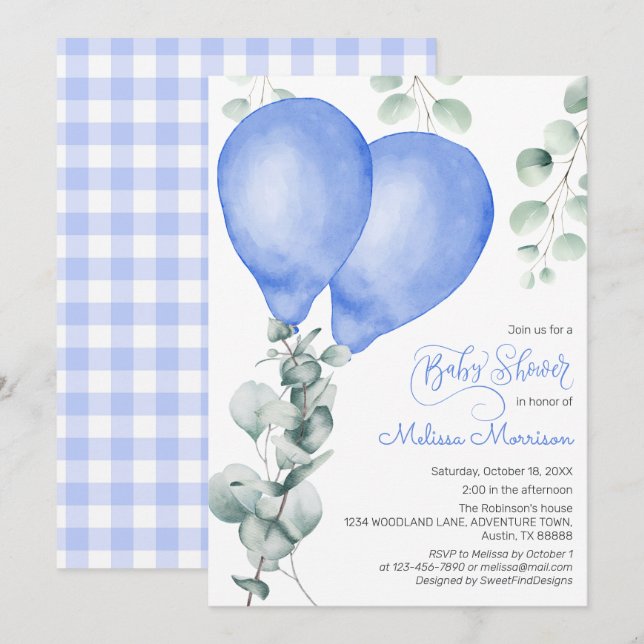 Blue Balloon Baby Boy Shower Invitation (Front/Back)
