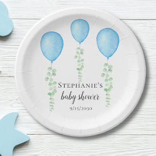 Blue Balloon Baby Shower Greenery Paper Plate