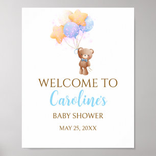 Blue Balloon Bear Baby Shower Welcome Poster