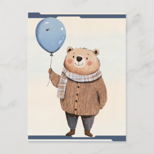 Blue Balloon Bear in Brown Sweater Plaid Scarf Postcard