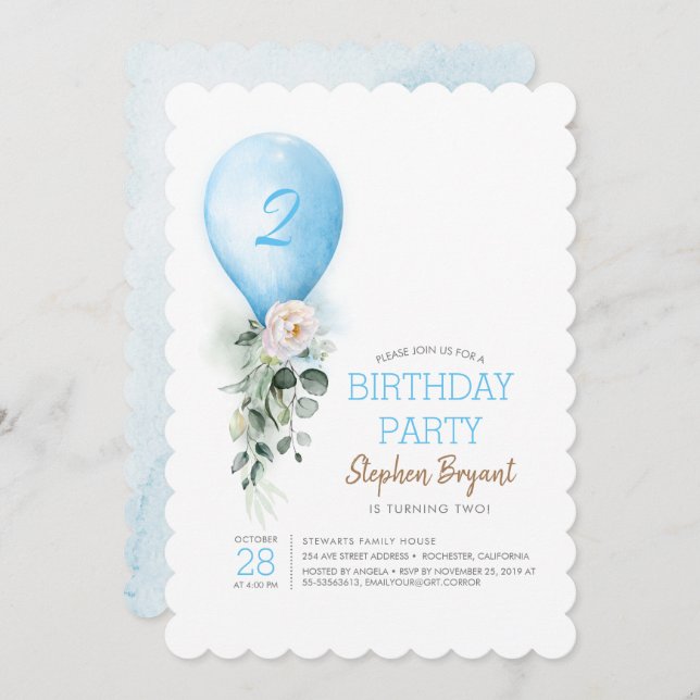 Blue Balloon Birthday Invitations for Boy (Front/Back)