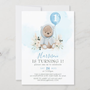  Blue Balloon Boho Teddy Bear 1st Birthday Invitation