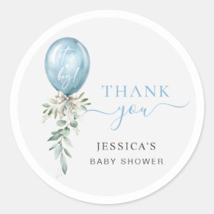 Blue Balloon Bow Greenery Baby Shower Thank You Classic Round Sticker