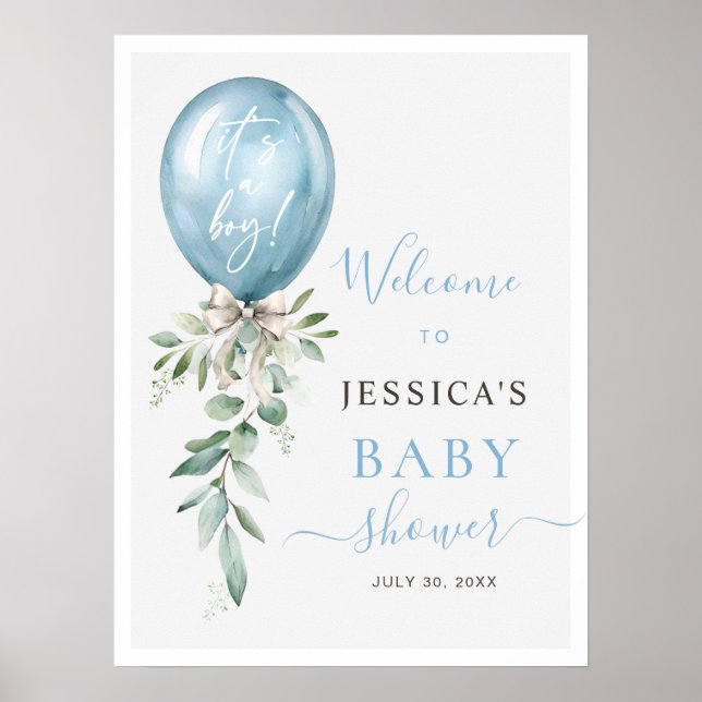 Blue Balloon Bow Greenery Baby Shower Welcome Poster (Front)